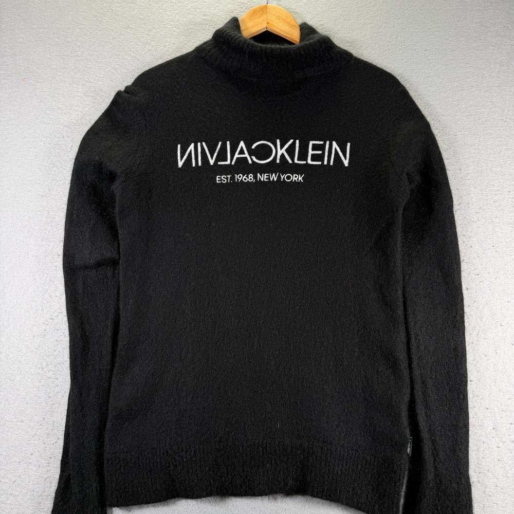 Calvin Klein Black Mock Neck‎ Knit Sweater L/G Alpaca Wool Blend Ribbed Side Zip